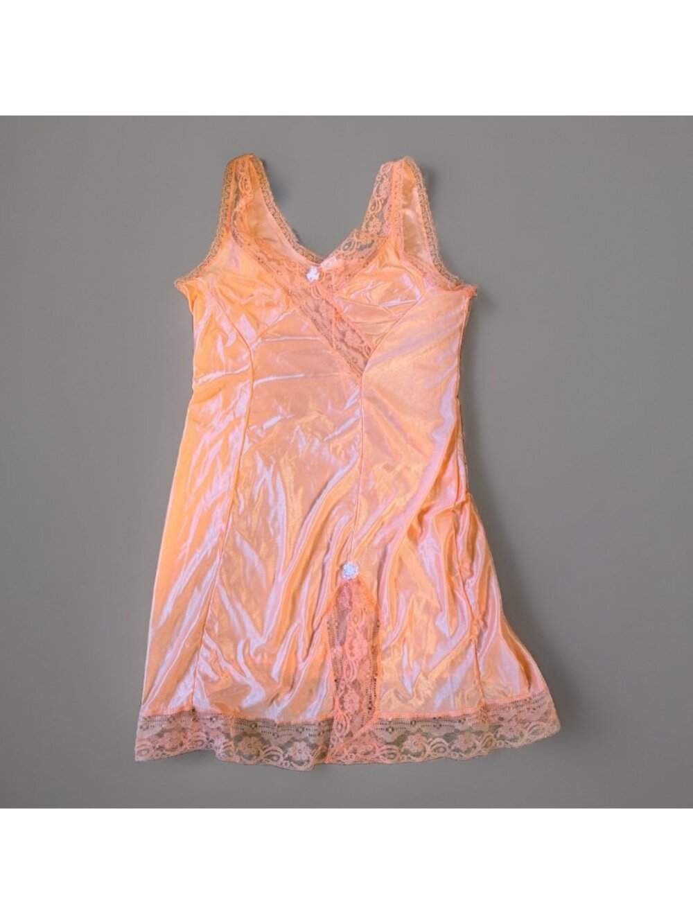 Tricotaj Rosu Romania 1970s Peach Slip Night Gown Lace Appliqué Front Split RARE
